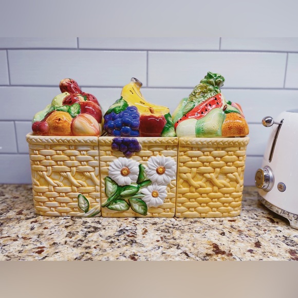 Cottagecore Vintage GOURMET Fruit Basket & Daisy Flowers Canister Set of 3 - Picture 2 of 11